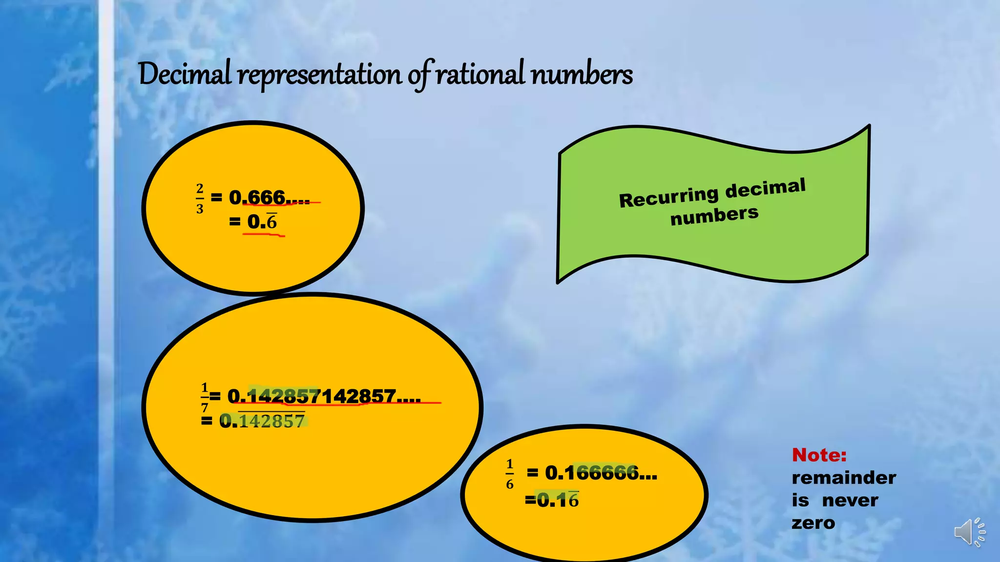 Decimal representation of rational numbers
𝟐
𝟑
= 0.666….
= 0. 𝟔
𝟏
𝟕
= 0.142857142857….
= 0.𝟏𝟒𝟐𝟖𝟓𝟕
𝟏
𝟔
= 0.166666…
=0.1 𝟔
Note:
remainder
is never
zero
 