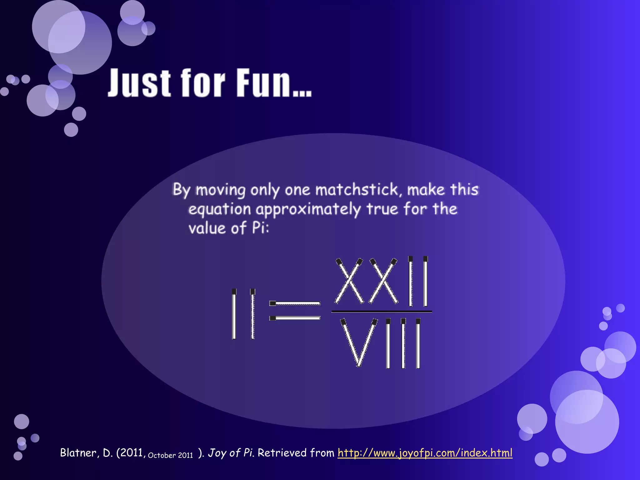 Blatner, D. (2011, October 2011 ). Joy of Pi. Retrieved from http://www.joyofpi.com/index.html
 