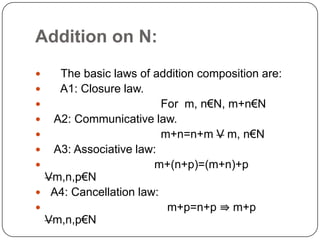 Addition on N:
 The basic laws of addition composition are:
 A1: Closure law.
 For m, n€N, m+n€N
 A2: Communicative law.
 m+n=n+m V m, n€N
 A3: Associative law:
 m+(n+p)=(m+n)+p
Vm,n,p€N
 A4: Cancellation law:
 m+p=n+p ⇛ m+p
Vm,n,p€N
 