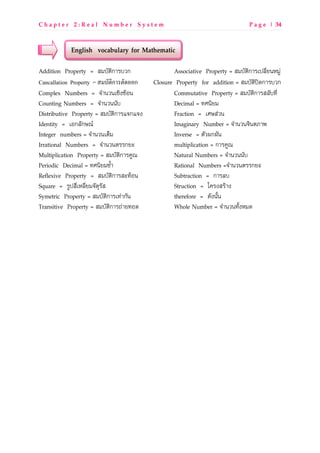 C h a p t e r 2 : R e a l N u m b e r S y s t e m P a g e | 34
English vocabulary for Mathematic
Addition Property = RgUONzกLMUVก Associative Property = RgUONzกLMpa_os[dTgXw
Cancallation Property = ก ก Closure Property for addition = RgUONza•PกLMUVก
Complex Numbers = ]SLdVdpjz^}ZQd Commutative Property = RgUONzกLMR_OUkos
Counting Numbers = ]SLdVddOU Decimal = kqdz[g
Distributive Property = RgUONzกLM]ก]^ Fraction = pqmRwVd
Identity = pQก_OกmY‚ Imaginary Number = ]SLdVd]zdN€Lf
Integer numbers = ]SLdVdpNyg Inverse = NOVuกuOd
Irrational Numbers = ]SLdVdNMMก[e multiplication = กLMWXY
Multiplication Property = RgUONzกLMWXY Natural Numbers = ]SLdVddOU
Periodic Decimal = kqdz[g}cSL Rational Numbers =]SLdVdNMMก[e
Reflexive Property = RgUONzกLMRekZQd Subtraction = กLM_U
Square = MXaRospT_os[g]ON`MOR Struction = hWM^RMZL^
Symetric Property = RgUONzกLMpkwLกOd therefore = PO^dOcd
Transitive Property = RgUONzกLMxwL[kQP Whole Number = ]SLdVdkOc^TgP
 