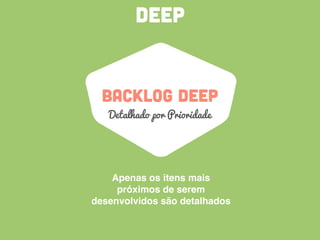DEEP
backlog DEEP
Detalhado por Prioridade
Apenas os itens mais
próximos de serem
desenvolvidos são detalhados
 