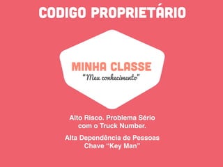 CODIGO PROPRIETÁRIO
MINHA CLASSE
“Meu conhecimento”
Alto Risco. Problema Sério
com o Truck Number.
Alta Dependência de Pessoas
Chave “Key Man”
 