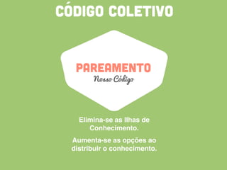 CÓDIGO COLETIVO
PAREAMENTO
Nosso Código
Elimina-se as Ilhas de
Conhecimento.
Aumenta-se as opções ao
distribuir o conhecimento.
 