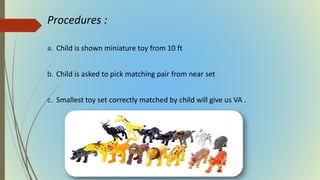 Procedures :
a. Child is shown miniature toy from 10 ft
b. Child is asked to pick matching pair from near set
c. Smallest toy set correctly matched by child will give us VA .
 