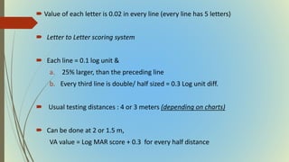  Value of each letter is 0.02 in every line (every line has 5 letters)
 Letter to Letter scoring system
 Each line = 0.1 log unit &
a. 25% larger, than the preceding line
b. Every third line is double/ half sized = 0.3 Log unit diff.
 Usual testing distances : 4 or 3 meters (depending on charts)
 Can be done at 2 or 1.5 m,
VA value = Log MAR score + 0.3 for every half distance
 