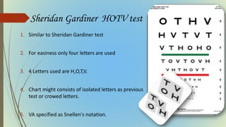 Sheridan Gardiner HOTV test
1. Similar to Sheridan Gardiner test
2. For easiness only four letters are used
3. 4 Letters used are H,O,T,V.
4. Chart might consists of isolated letters as previous
test or crowed letters.
5. VA specified as Snellen's notation.
 