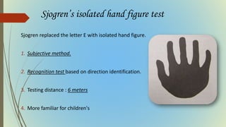 Sjogren’s isolated hand figure test
Sjogren replaced the letter E with isolated hand figure.
1. Subjective method.
2. Recognition test based on direction identification.
3. Testing distance : 6 meters
4. More familiar for children's
 
