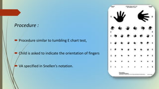 Procedure :
 Procedure similar to tumbling E chart test,
 Child is asked to indicate the orientation of fingers
 VA specified in Snellen's notation.
 