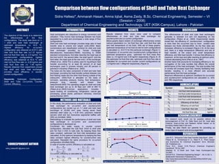 Poster Design & Printing by Genigraphics® - 800.790.4001
Comparison between flow configurations of Shell and Tube Heat Exchanger
Ammarah Hasan, Amna Iqbal*, Asma Zaidy, Sidra Hafeez
B.Sc. Chemical Engineering, Semester – VI (Session – 2008)
Department of Chemical Engineering and Technology, UET (KSK-Campus), Lahore - Pakistan
INTRODUCTION
METHODS AND MATERIALS
ACKNOWLEDGEMENT
RESULTS
REFERENCES
ABSTRACT
*CORRESPONDENT AUTHOR
Email:amnaiqbal46@yahoo.com
The objective of this study is to determine
the effectiveness of the flow
configurations. The study was done on 1-
1 shell and tube heat exchanger at
optimized temperature i.e. 43.5 oC.
Highest efficiency for co-current
configuration was obtained at 43.5o C with
inlet cold fluid flow rate i.e.1.21 kg/min
and hot fluid flow rate i.e. 2.5 kg/min. For
countercurrent configurations, highest
efficiency was obtained at 43.5 oC with
inlet hot fluid flow rate i.e. 2.25 kg/min and
cold fluid flow rate i.e. 1.49 kg/min.
Results obtained from experiment proved
that shell and tube heat exchanger
provides more efficiency in counter
current configuration.
Keywords: Optimized, Configuration,
Shell and Tube ,Co-current, Counter
Current, Efficiency.
In this study, the performance evaluation of shell and tube
heat exchanger for co-current and countercurrent
configurations are carried out on 1-1 shell and tube heat
exchanger of 20,000 mm2 area, having seven fixed
stainless steel tubes (do = 6.35 mm), polymeric material
(acrylic) shell and two transverse segmental baffles with
25% cut (Armfield, 2004).
Methodology to evaluate the performance of shell and tube
heat exchanger in co-current and countercurrent
configurations is developed as:
Connected the water supply in counter current
configuration. Allocated the cold fluid 1l/min to shell side
and hot fluid 2 l/min to tube side. By keeping these flow
rates constant, optimized hot fluid inlet temperature was
calculated. At this optimum temperature by keeping the flow
rates constant highest efficiency for countercurrent was
calculated. Repeated the same procedure for co-current
configuration (Armfield,2004).
In case of counter current, Efficiency is calculated as:
Co-current, Efficiency is calculated as:
The research work would not be possible without the
encouragement of Prof. Dr. Zafar Noon and Mr. Izzat Iqbal
Cheema. Ikram-ul-Haq and Nadeem Akhtar helped us by
providing related data in lab work.
Finally, we also thank our parents for providing us
every type of support and encouragement.
Heat exchangers are ubiquitous to energy conversion and
utilization. They involve heat exchange between two fluids
separated by a solid and encompass a wide range of flow
configurations.
Shell and tube heat exchanger provides large ratio of heat
transfer area to volume and weight (John,2004). Basic
nomenclature and classification scheme for shell and tube
heat exchanger provided by Tubular Exchanger
Manufacturers Association(TEMA). According to TEMA
standard nomenclature, first latter describe the head type at
the front end‟A’: the second letter, the shell type‟E’: and the
third letter, the head type at the rear end‟L’ of the exchanger
(Peters et al., 2003).This is widely used for liquid/liquid heat
transfer accounting for at least 60 percent of all heat
exchangers used in process industry and 95 percent in
petroleum industries (Peters et al., 2003).
The tubes are the basic component of shell and tube heat
exchanger, providing the heat transfer surface between one
fluid flowing inside and the other fluid flowing outside of the
tubes(John, 2004).Fluid is allocated on the basis of
corrosion, operating pressure, fouling, fluid temperature,
pressure drop, viscosity and stream flow
rates(Sinnott,2003).The operating ranges for shell and tube
heat exchanger are up to 30 Mpa and -200 to 600 oC
(Peters et al.,2003).Common applications includes:
space heating, air conditioning, refrigeration, natural gas
processing, power plants, petroleum refineries, chemical
plants(Shankar 2007).
John R.T., “Wolverine Tube Heat Transfer Data Book”, 2004.
Peters M. S., Timmerhaus K. D., West R. E. “Plant Design
and Economics for Chemical Engineers” Ed.5, McGraw-
Hill Publishers Inc.
Perry R.H., Green D.W.,“Perry„s Chemical Engineer„s
Handbook“ 7th Ed.1997.
Shankar R. S.,“Shell and Tube Heat Exchangers“July
16,2007.
Sinnott R.K, “Chemical Engineering Design” , Vol. 6, Ed. 4,
Butterworth Heinemann Publishers Inc.
http://www.discoverarmfield.co.uk/data/ht30xc/ht3237.php,
April 15,2011.
Results obtained from study were used to compare
effectiveness of shell and tube heat exchanger for
countercurrent and co-current configuration.
Below graphs depict relation of exchanger effectiveness verses
various parameters (i.e. hot fluid flow rate, cold fluid flow rate
and inlet temperature of hot fluid). With aid of these graphs,
optimized temperature of hot fluid at inlet for both configurations
is calculated i.e. 43.5 oC for this particular exchanger (Figure 1).
Comparison of co-current and countercurrent configurations at
optimized temperature gives optimized hot fluid mass flow
rates i.e. 2.5 kg/min and 2.25 kg/min respectively (Figure 2). At
this optimized hot fluid flow rate, optimized cold fluid flow rate is
evaluated for co-current and counter current configurations as
1.21kg/min and 1.49kg/min respectively (Figure 3).
Figure 2.Hot Fluid Flow Rate (kg/min) vs Efficiency(%) at Optimum Temperature
Figure 3.Cold Fluid Flow Rate (kg/min) vs Efficiency (%) at Optimum Temperature
Figure 1.Temperature (oC) vs Efficiency(%) at constant flow rate
The effectiveness of shell and tube heat exchangers
generally is between 0.4 and 0.8 depending on the
configuration (Peters et al., 2003). Experimental results
reveal that the efficiency of countercurrent configuration
is more than the co-current due to more contact area
between two fluids (Sinnott,2003). As the flow rates are
increased, efficiency is increased (Figure 2,3). At the input
end, there is a large temperature difference and lots of
heat transfer; at the output end, small temperature
difference, and little heat transfer. It shows that efficiency is
maximum at the input and after reaching at optimum point,
it shows decreasing trend (Perry’s et al.,1997).
Another factor that accounts for increasing efficiency is the
corrugation of the tube bundles that effects the overall
performance of the heat exchanger. The tube bundles fold
or wrinkle will increase liquid flow, thereby facilitating heat
transfer, resulting in a more efficient and accurate
performance from the heat exchanger.
Maximum efficiencies at optimum conditions for co-current
and countercurrent configurations are calculated i.e. 42%
and 78% respectively.
Symbol Description Units
Th1 Hot fluid inlet temperature oC
Th2 Hot fluid outlet temperature oC
Tc1 Cold fluid inlet temperature oC
Tc2 Cold fluid outlet temperature oC
Ƞh Efficiency of hot fluid %
Ƞc Efficiency of cold fluid %
mc Cold fluid flow rate kg/min
mh Hot fluid flow rate kg/min
0
10
20
30
40
50
60
70
80
90
1.5 1.7 1.9 2.1 2.3 2.5 2.7 2.9
Efficiency,ηh(%)
Hot Fluid Flow Rate ‘mc’(kg/min)
Counter Current Configuration Co-Current Configuration
0
1
2
3
4
5
6
7
8
9
10
35 40 45 50 55 60
Efficiency,η(%)
Temperature,Th1(oC)
Co-Current Configuration Counter Current Configuration
DISCUSSION
NOMENCLATURE
)2(
11
12
ch
cc
c
TT
TT
)3(
12
12
ch
hh
TT
TT
h )4(
12
12
ch
cc
c
TT
TT
)1(
12
12
ch
hh
TT
TT
h
0
10
20
30
40
50
60
70
80
1.06 1.16 1.26 1.36 1.46 1.56 1.66
Efficiency,Ƞc(%)
Cold Fluid Flow Rate ‘mc’(kg/min)
Co-Current Configuration Counter Current Configuration
 