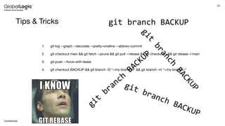 24
Conﬁdential
Tips & Tricks
1. git log --graph --decorate --pretty=oneline --abbrev-commit
2. git checkout main && git fetch --prune && git pull --rebase && git checkout - && git rebase -i main
3. git push --force-with-lease
4. git checkout BACKUP && git branch -D "<my-branch>" && git branch -m "<my-branch>"
git branch BACKUP
git
branch
BACKUP
git branch BACKUP
g
i
t
b
r
a
n
c
h
B
A
C
K
U
P
 