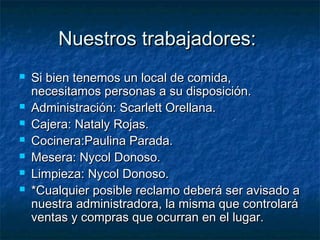 NNuueessttrrooss ttrraabbaajjaaddoorreess:: 
 SSii bbiieenn tteenneemmooss uunn llooccaall ddee ccoommiiddaa,, 
nneecceessiittaammooss ppeerrssoonnaass aa ssuu ddiissppoossiicciióónn.. 
 AAddmmiinniissttrraacciióónn:: SSccaarrlleetttt OOrreellllaannaa.. 
 CCaajjeerraa:: NNaattaallyy RRoojjaass.. 
 CCoocciinneerraa::PPaauulliinnaa PPaarraaddaa.. 
 MMeesseerraa:: NNyyccooll DDoonnoossoo.. 
 LLiimmppiieezzaa:: NNyyccooll DDoonnoossoo.. 
 **CCuuaallqquuiieerr ppoossiibbllee rreeccllaammoo ddeebbeerráá sseerr aavviissaaddoo aa 
nnuueessttrraa aaddmmiinniissttrraaddoorraa,, llaa mmiissmmaa qquuee ccoonnttrroollaarráá 
vveennttaass yy ccoommpprraass qquuee ooccuurrrraann eenn eell lluuggaarr.. 
 