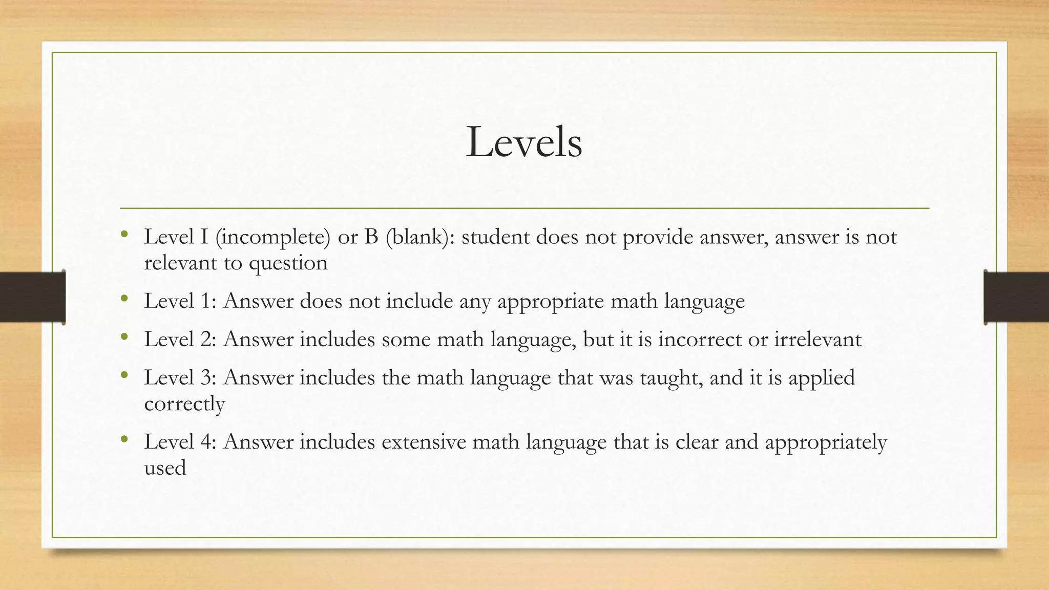 Levels
• Level I (incomplete) or B (blank): student does not provide answer, answer is not
relevant to question
• Level 1: Answer does not include any appropriate math language
• Level 2: Answer includes some math language, but it is incorrect or irrelevant
• Level 3: Answer includes the math language that was taught, and it is applied
correctly
• Level 4: Answer includes extensive math language that is clear and appropriately
used
 