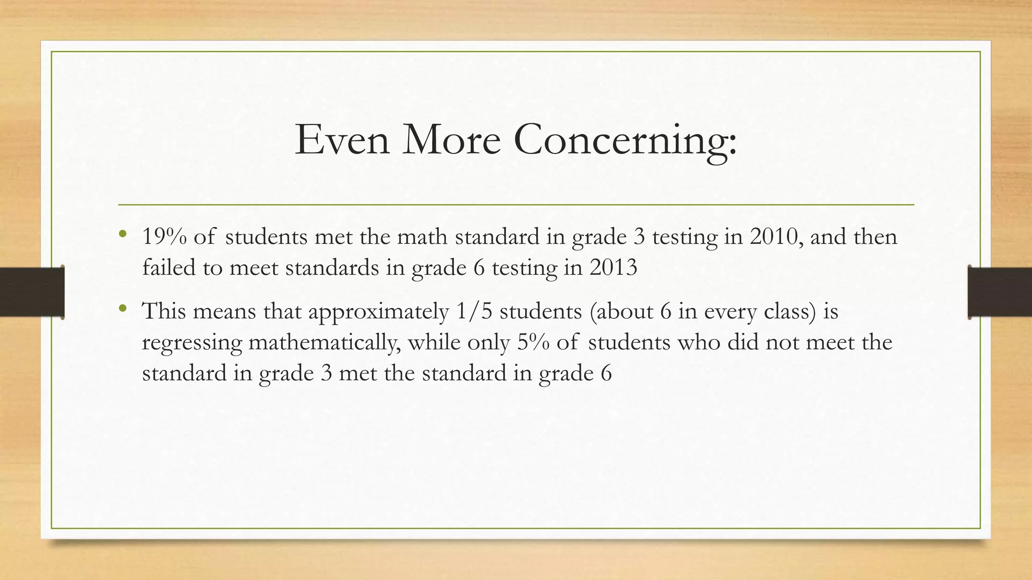 Even More Concerning:
• 19% of students met the math standard in grade 3 testing in 2010, and then
failed to meet standards in grade 6 testing in 2013
• This means that approximately 1/5 students (about 6 in every class) is
regressing mathematically, while only 5% of students who did not meet the
standard in grade 3 met the standard in grade 6
 