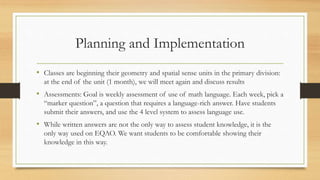 Planning and Implementation
• Classes are beginning their geometry and spatial sense units in the primary division:
at the end of the unit (1 month), we will meet again and discuss results
• Assessments: Goal is weekly assessment of use of math language. Each week, pick a
“marker question”, a question that requires a language-rich answer. Have students
submit their answers, and use the 4 level system to assess language use.
• While written answers are not the only way to assess student knowledge, it is the
only way used on EQAO. We want students to be comfortable showing their
knowledge in this way.
 