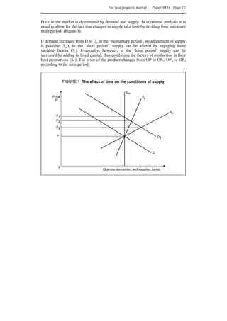 The real property market   Paper 0334 Page 12


Price in the market is determined by demand and supply. In economic analysis it is
usual to allow for the fact that changes in supply take time by dividing time into three
main periods (Figure 1).

If demand increases from D to D1 in the ‘momentary period’, no adjustment of supply
is possible (Sm); in the ‘short period’, supply can be altered by engaging more
variable factors (Ss). Eventually, however, in the ‘long period’ supply can be
increased by adding to fixed capital, thus combining the factors of production in their
best proportions (SL). The price of the product changes from OP to OP1, OP2 or OP3
according to the time period.



            FIGURE 1 The effect of time on the conditions of supply
 