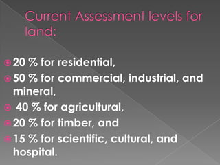  20

% for residential,
 50 % for commercial, industrial, and
mineral,
 40 % for agricultural,
 20 % for timber, and
 15 % for scientific, cultural, and
hospital.

 
