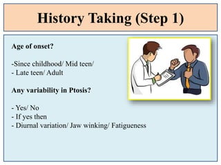 History Taking (Step 1)
Age of onset?
-Since childhood/ Mid teen/
- Late teen/ Adult
Any variability in Ptosis?
- Yes/ No
- If yes then
- Diurnal variation/ Jaw winking/ Fatigueness
 