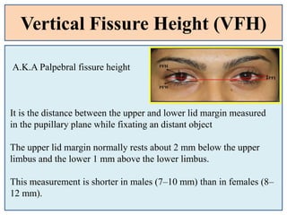 Vertical Fissure Height (VFH)
A.K.A Palpebral fissure height
It is the distance between the upper and lower lid margin measured
in the pupillary plane while fixating an distant object
The upper lid margin normally rests about 2 mm below the upper
limbus and the lower 1 mm above the lower limbus.
This measurement is shorter in males (7–10 mm) than in females (8–
12 mm).
 