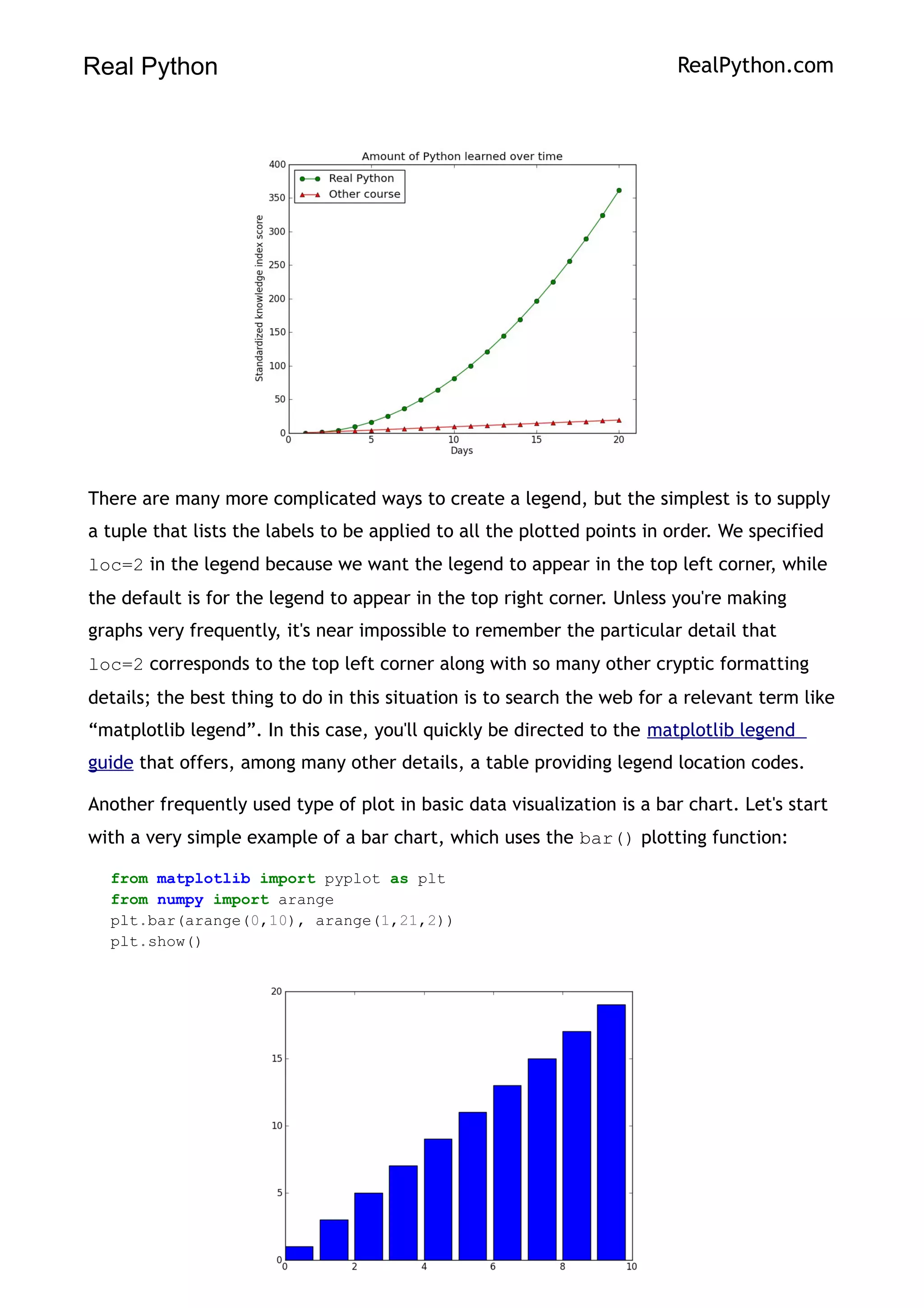Real Python RealPython.com
There are many more complicated ways to create a legend, but the simplest is to supply
a tuple that lists the labels to be applied to all the plotted points in order. We specified
loc=2 in the legend because we want the legend to appear in the top left corner, while
the default is for the legend to appear in the top right corner. Unless you're making
graphs very frequently, it's near impossible to remember the particular detail that
loc=2 corresponds to the top left corner along with so many other cryptic formatting
details; the best thing to do in this situation is to search the web for a relevant term like
“matplotlib legend”. In this case, you'll quickly be directed to the matplotlib legend
guide that offers, among many other details, a table providing legend location codes.
Another frequently used type of plot in basic data visualization is a bar chart. Let's start
with a very simple example of a bar chart, which uses the bar() plotting function:
from matplotlib import pyplot as plt
from numpy import arange
plt.bar(arange(0,10), arange(1,21,2))
plt.show()
160
 