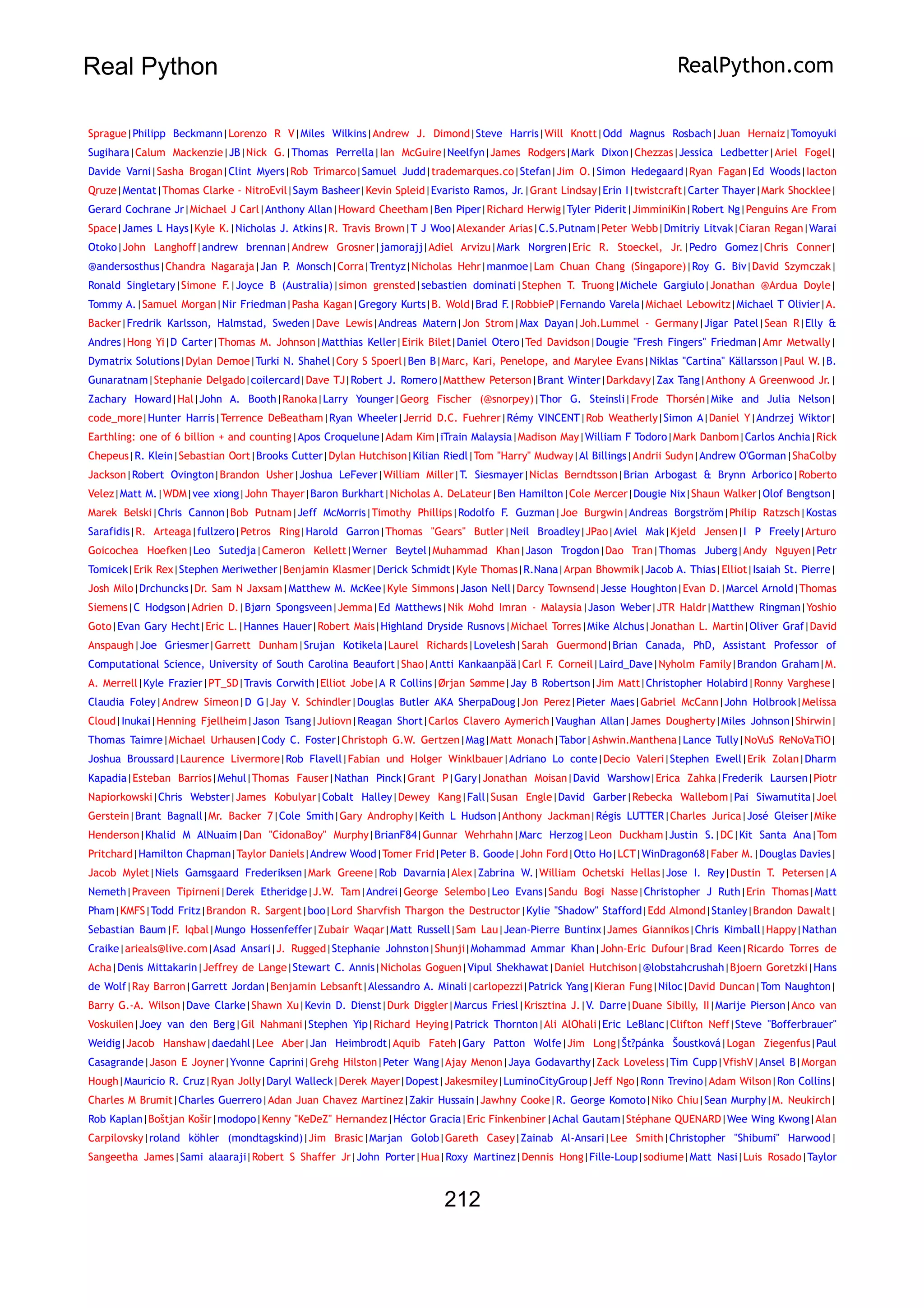 Real Python RealPython.com
Sprague|Philipp Beckmann|Lorenzo R V|Miles Wilkins|Andrew J. Dimond|Steve Harris|Will Knott|Odd Magnus Rosbach|Juan Hernaiz|Tomoyuki
Sugihara|Calum Mackenzie|JB|Nick G.|Thomas Perrella|Ian McGuire|Neelfyn|James Rodgers|Mark Dixon|Chezzas|Jessica Ledbetter|Ariel Fogel|
Davide Varni|Sasha Brogan|Clint Myers|Rob Trimarco|Samuel Judd|trademarques.co|Stefan|Jim O.|Simon Hedegaard|Ryan Fagan|Ed Woods|Iacton
Qruze|Mentat|Thomas Clarke - NitroEvil|Saym Basheer|Kevin Spleid|Evaristo Ramos, Jr.|Grant Lindsay|Erin I|twistcraft|Carter Thayer|Mark Shocklee|
Gerard Cochrane Jr|Michael J Carl|Anthony Allan|Howard Cheetham|Ben Piper|Richard Herwig|Tyler Piderit|JimminiKin|Robert Ng|Penguins Are From
Space|James L Hays|Kyle K.|Nicholas J. Atkins|R. Travis Brown|T J Woo|Alexander Arias|C.S.Putnam|Peter Webb|Dmitriy Litvak|Ciaran Regan|Warai
Otoko|John Langhoff|andrew brennan|Andrew Grosner|jamorajj|Adiel Arvizu|Mark Norgren|Eric R. Stoeckel, Jr.|Pedro Gomez|Chris Conner|
@andersosthus|Chandra Nagaraja|Jan P
. Monsch|Corra|Trentyz|Nicholas Hehr|manmoe|Lam Chuan Chang (Singapore)|Roy G. Biv|David Szymczak|
Ronald Singletary|Simone F.|Joyce B (Australia)|simon grensted|sebastien dominati|Stephen T. Truong|Michele Gargiulo|Jonathan @Ardua Doyle|
Tommy A.|Samuel Morgan|Nir Friedman|Pasha Kagan|Gregory Kurts|B. Wold|Brad F.|RobbieP|Fernando Varela|Michael Lebowitz|Michael T Olivier|A.
Backer|Fredrik Karlsson, Halmstad, Sweden|Dave Lewis|Andreas Matern|Jon Strom|Max Dayan|Joh.Lummel - Germany|Jigar Patel|Sean R|Elly &
Andres|Hong Yi|D Carter|Thomas M. Johnson|Matthias Keller|Eirik Bilet|Daniel Otero|Ted Davidson|Dougie "Fresh Fingers" Friedman|Amr Metwally|
Dymatrix Solutions|Dylan Demoe|Turki N. Shahel|Cory S Spoerl|Ben B|Marc, Kari, Penelope, and Marylee Evans|Niklas "Cartina" Källarsson|Paul W.|B.
Gunaratnam|Stephanie Delgado|coilercard|Dave TJ|Robert J. Romero|Matthew Peterson|Brant Winter|Darkdavy|Zax Tang|Anthony A Greenwood Jr.|
Zachary Howard|Hal|John A. Booth|Ranoka|Larry Younger|Georg Fischer (@snorpey)|Thor G. Steinsli|Frode Thorsén|Mike and Julia Nelson|
code_more|Hunter Harris|Terrence DeBeatham|Ryan Wheeler|Jerrid D.C. Fuehrer|Rémy VINCENT|Rob Weatherly|Simon A|Daniel Y|Andrzej Wiktor|
Earthling: one of 6 billion + and counting|Apos Croquelune|Adam Kim|iTrain Malaysia|Madison May|William F Todoro|Mark Danbom|Carlos Anchia|Rick
Chepeus|R. Klein|Sebastian Oort|Brooks Cutter|Dylan Hutchison|Kilian Riedl|Tom "Harry" Mudway|Al Billings|Andrii Sudyn|Andrew O'Gorman|ShaColby
Jackson|Robert Ovington|Brandon Usher|Joshua LeFever|William Miller|T. Siesmayer|Niclas Berndtsson|Brian Arbogast & Brynn Arborico|Roberto
Velez|Matt M.|WDM|vee xiong|John Thayer|Baron Burkhart|Nicholas A. DeLateur|Ben Hamilton|Cole Mercer|Dougie Nix|Shaun Walker|Olof Bengtson|
Marek Belski|Chris Cannon|Bob Putnam|Jeff McMorris|Timothy Phillips|Rodolfo F. Guzman|Joe Burgwin|Andreas Borgström|Philip Ratzsch|Kostas
Sarafidis|R. Arteaga|fullzero|Petros Ring|Harold Garron|Thomas "Gears" Butler|Neil Broadley|JPao|Aviel Mak|Kjeld Jensen|I P Freely|Arturo
Goicochea Hoefken|Leo Sutedja|Cameron Kellett|Werner Beytel|Muhammad Khan|Jason Trogdon|Dao Tran|Thomas Juberg|Andy Nguyen|Petr
Tomicek|Erik Rex|Stephen Meriwether|Benjamin Klasmer|Derick Schmidt|Kyle Thomas|R.Nana|Arpan Bhowmik|Jacob A. Thias|Elliot|Isaiah St. Pierre|
Josh Milo|Drchuncks|Dr. Sam N Jaxsam|Matthew M. McKee|Kyle Simmons|Jason Nell|Darcy Townsend|Jesse Houghton|Evan D.|Marcel Arnold|Thomas
Siemens|C Hodgson|Adrien D.|Bjørn Spongsveen|Jemma|Ed Matthews|Nik Mohd Imran - Malaysia|Jason Weber|JTR Haldr|Matthew Ringman|Yoshio
Goto|Evan Gary Hecht|Eric L.|Hannes Hauer|Robert Mais|Highland Dryside Rusnovs|Michael Torres|Mike Alchus|Jonathan L. Martin|Oliver Graf|David
Anspaugh|Joe Griesmer|Garrett Dunham|Srujan Kotikela|Laurel Richards|Lovelesh|Sarah Guermond|Brian Canada, PhD, Assistant Professor of
Computational Science, University of South Carolina Beaufort|Shao|Antti Kankaanpää|Carl F. Corneil|Laird_Dave|Nyholm Family|Brandon Graham|M.
A. Merrell|Kyle Frazier|PT_SD|Travis Corwith|Elliot Jobe|A R Collins|Ørjan Sømme|Jay B Robertson|Jim Matt|Christopher Holabird|Ronny Varghese|
Claudia Foley|Andrew Simeon|D G|Jay V. Schindler|Douglas Butler AKA SherpaDoug|Jon Perez|Pieter Maes|Gabriel McCann|John Holbrook|Melissa
Cloud|Inukai|Henning Fjellheim|Jason Tsang|Juliovn|Reagan Short|Carlos Clavero Aymerich|Vaughan Allan|James Dougherty|Miles Johnson|Shirwin|
Thomas Taimre|Michael Urhausen|Cody C. Foster|Christoph G.W. Gertzen|Mag|Matt Monach|Tabor|Ashwin.Manthena|Lance Tully|NoVuS ReNoVaTiO|
Joshua Broussard|Laurence Livermore|Rob Flavell|Fabian und Holger Winklbauer|Adriano Lo conte|Decio Valeri|Stephen Ewell|Erik Zolan|Dharm
Kapadia|Esteban Barrios|Mehul|Thomas Fauser|Nathan Pinck|Grant P|Gary|Jonathan Moisan|David Warshow|Erica Zahka|Frederik Laursen|Piotr
Napiorkowski|Chris Webster|James Kobulyar|Cobalt Halley|Dewey Kang|Fall|Susan Engle|David Garber|Rebecka Wallebom|Pai Siwamutita|Joel
Gerstein|Brant Bagnall|Mr. Backer 7|Cole Smith|Gary Androphy|Keith L Hudson|Anthony Jackman|Régis LUTTER|Charles Jurica|José Gleiser|Mike
Henderson|Khalid M AlNuaim|Dan "CidonaBoy" Murphy|BrianF84|Gunnar Wehrhahn|Marc Herzog|Leon Duckham|Justin S.|DC|Kit Santa Ana|Tom
Pritchard|Hamilton Chapman|Taylor Daniels|Andrew Wood|Tomer Frid|Peter B. Goode|John Ford|Otto Ho|LCT|WinDragon68|Faber M.|Douglas Davies|
Jacob Mylet|Niels Gamsgaard Frederiksen|Mark Greene|Rob Davarnia|Alex|Zabrina W.|William Ochetski Hellas|Jose I. Rey|Dustin T. Petersen|A
Nemeth|Praveen Tipirneni|Derek Etheridge|J.W. Tam|Andrei|George Selembo|Leo Evans|Sandu Bogi Nasse|Christopher J Ruth|Erin Thomas|Matt
Pham|KMFS|Todd Fritz|Brandon R. Sargent|boo|Lord Sharvfish Thargon the Destructor|Kylie "Shadow" Stafford|Edd Almond|Stanley|Brandon Dawalt|
Sebastian Baum|F. Iqbal|Mungo Hossenfeffer|Zubair Waqar|Matt Russell|Sam Lau|Jean-Pierre Buntinx|James Giannikos|Chris Kimball|Happy|Nathan
Craike|arieals@live.com|Asad Ansari|J. Rugged|Stephanie Johnston|Shunji|Mohammad Ammar Khan|John-Eric Dufour|Brad Keen|Ricardo Torres de
Acha|Denis Mittakarin|Jeffrey de Lange|Stewart C. Annis|Nicholas Goguen|Vipul Shekhawat|Daniel Hutchison|@lobstahcrushah|Bjoern Goretzki|Hans
de Wolf|Ray Barron|Garrett Jordan|Benjamin Lebsanft|Alessandro A. Minali|carlopezzi|Patrick Yang|Kieran Fung|Niloc|David Duncan|Tom Naughton|
Barry G.-A. Wilson|Dave Clarke|Shawn Xu|Kevin D. Dienst|Durk Diggler|Marcus Friesl|Krisztina J.|V. Darre|Duane Sibilly, II|Marije Pierson|Anco van
Voskuilen|Joey van den Berg|Gil Nahmani|Stephen Yip|Richard Heying|Patrick Thornton|Ali AlOhali|Eric LeBlanc|Clifton Neff|Steve "Bofferbrauer"
Weidig|Jacob Hanshaw|daedahl|Lee Aber|Jan Heimbrodt|Aquib Fateh|Gary Patton Wolfe|Jim Long|Št?pánka Šoustková|Logan Ziegenfus|Paul
Casagrande|Jason E Joyner|Yvonne Caprini|Grehg Hilston|Peter Wang|Ajay Menon|Jaya Godavarthy|Zack Loveless|Tim Cupp|VfishV|Ansel B|Morgan
Hough|Mauricio R. Cruz|Ryan Jolly|Daryl Walleck|Derek Mayer|Dopest|Jakesmiley|LuminoCityGroup|Jeff Ngo|Ronn Trevino|Adam Wilson|Ron Collins|
Charles M Brumit|Charles Guerrero|Adan Juan Chavez Martinez|Zakir Hussain|Jawhny Cooke|R. George Komoto|Niko Chiu|Sean Murphy|M. Neukirch|
Rob Kaplan|Boštjan Košir|modopo|Kenny "KeDeZ" Hernandez|Héctor Gracia|Eric Finkenbiner|Achal Gautam|Stéphane QUENARD|Wee Wing Kwong|Alan
Carpilovsky|roland köhler (mondtagskind)|Jim Brasic|Marjan Golob|Gareth Casey|Zainab Al-Ansari|Lee Smith|Christopher "Shibumi" Harwood|
Sangeetha James|Sami alaaraji|Robert S Shaffer Jr|John Porter|Hua|Roxy Martinez|Dennis Hong|Fille-Loup|sodiume|Matt Nasi|Luis Rosado|Taylor
212
 
