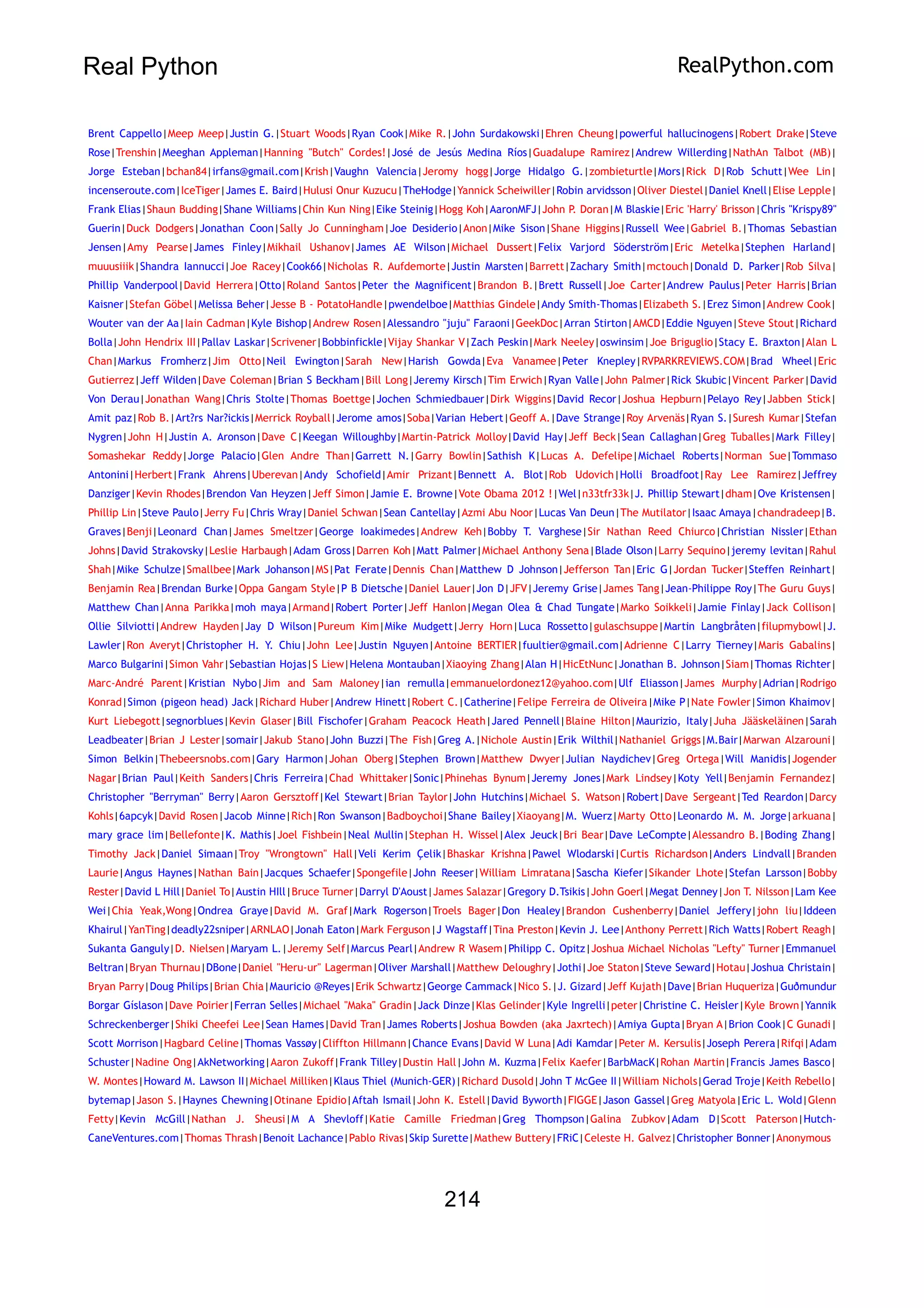 Real Python RealPython.com
Brent Cappello|Meep Meep|Justin G.|Stuart Woods|Ryan Cook|Mike R.|John Surdakowski|Ehren Cheung|powerful hallucinogens|Robert Drake|Steve
Rose|Trenshin|Meeghan Appleman|Hanning "Butch" Cordes!|José de Jesús Medina Ríos|Guadalupe Ramirez|Andrew Willerding|NathAn Talbot (MB)|
Jorge Esteban|bchan84|irfans@gmail.com|Krish|Vaughn Valencia|Jeromy hogg|Jorge Hidalgo G.|zombieturtle|Mors|Rick D|Rob Schutt|Wee Lin|
incenseroute.com|IceTiger|James E. Baird|Hulusi Onur Kuzucu|TheHodge|Yannick Scheiwiller|Robin arvidsson|Oliver Diestel|Daniel Knell|Elise Lepple|
Frank Elias|Shaun Budding|Shane Williams|Chin Kun Ning|Eike Steinig|Hogg Koh|AaronMFJ|John P. Doran|M Blaskie|Eric 'Harry' Brisson|Chris "Krispy89"
Guerin|Duck Dodgers|Jonathan Coon|Sally Jo Cunningham|Joe Desiderio|Anon|Mike Sison|Shane Higgins|Russell Wee|Gabriel B.|Thomas Sebastian
Jensen|Amy Pearse|James Finley|Mikhail Ushanov|James AE Wilson|Michael Dussert|Felix Varjord Söderström|Eric Metelka|Stephen Harland|
muuusiiik|Shandra Iannucci|Joe Racey|Cook66|Nicholas R. Aufdemorte|Justin Marsten|Barrett|Zachary Smith|mctouch|Donald D. Parker|Rob Silva|
Phillip Vanderpool|David Herrera|Otto|Roland Santos|Peter the Magnificent|Brandon B.|Brett Russell|Joe Carter|Andrew Paulus|Peter Harris|Brian
Kaisner|Stefan Göbel|Melissa Beher|Jesse B - PotatoHandle|pwendelboe|Matthias Gindele|Andy Smith-Thomas|Elizabeth S.|Erez Simon|Andrew Cook|
Wouter van der Aa|Iain Cadman|Kyle Bishop|Andrew Rosen|Alessandro "juju" Faraoni|GeekDoc|Arran Stirton|AMCD|Eddie Nguyen|Steve Stout|Richard
Bolla|John Hendrix III|Pallav Laskar|Scrivener|Bobbinfickle|Vijay Shankar V|Zach Peskin|Mark Neeley|oswinsim|Joe Briguglio|Stacy E. Braxton|Alan L
Chan|Markus Fromherz|Jim Otto|Neil Ewington|Sarah New|Harish Gowda|Eva Vanamee|Peter Knepley|RVPARKREVIEWS.COM|Brad Wheel|Eric
Gutierrez|Jeff Wilden|Dave Coleman|Brian S Beckham|Bill Long|Jeremy Kirsch|Tim Erwich|Ryan Valle|John Palmer|Rick Skubic|Vincent Parker|David
Von Derau|Jonathan Wang|Chris Stolte|Thomas Boettge|Jochen Schmiedbauer|Dirk Wiggins|David Recor|Joshua Hepburn|Pelayo Rey|Jabben Stick|
Amit paz|Rob B.|Art?rs Nar?ickis|Merrick Royball|Jerome amos|Soba|Varian Hebert|Geoff A.|Dave Strange|Roy Arvenäs|Ryan S.|Suresh Kumar|Stefan
Nygren|John H|Justin A. Aronson|Dave C|Keegan Willoughby|Martin-Patrick Molloy|David Hay|Jeff Beck|Sean Callaghan|Greg Tuballes|Mark Filley|
Somashekar Reddy|Jorge Palacio|Glen Andre Than|Garrett N.|Garry Bowlin|Sathish K|Lucas A. Defelipe|Michael Roberts|Norman Sue|Tommaso
Antonini|Herbert|Frank Ahrens|Uberevan|Andy Schofield|Amir Prizant|Bennett A. Blot|Rob Udovich|Holli Broadfoot|Ray Lee Ramirez|Jeffrey
Danziger|Kevin Rhodes|Brendon Van Heyzen|Jeff Simon|Jamie E. Browne|Vote Obama 2012 !|Wel|n33tfr33k|J. Phillip Stewart|dham|Ove Kristensen|
Phillip Lin|Steve Paulo|Jerry Fu|Chris Wray|Daniel Schwan|Sean Cantellay|Azmi Abu Noor|Lucas Van Deun|The Mutilator|Isaac Amaya|chandradeep|B.
Graves|Benji|Leonard Chan|James Smeltzer|George Ioakimedes|Andrew Keh|Bobby T. Varghese|Sir Nathan Reed Chiurco|Christian Nissler|Ethan
Johns|David Strakovsky|Leslie Harbaugh|Adam Gross|Darren Koh|Matt Palmer|Michael Anthony Sena|Blade Olson|Larry Sequino|jeremy levitan|Rahul
Shah|Mike Schulze|Smallbee|Mark Johanson|MS|Pat Ferate|Dennis Chan|Matthew D Johnson|Jefferson Tan|Eric G|Jordan Tucker|Steffen Reinhart|
Benjamin Rea|Brendan Burke|Oppa Gangam Style|P B Dietsche|Daniel Lauer|Jon D|JFV|Jeremy Grise|James Tang|Jean-Philippe Roy|The Guru Guys|
Matthew Chan|Anna Parikka|moh maya|Armand|Robert Porter|Jeff Hanlon|Megan Olea & Chad Tungate|Marko Soikkeli|Jamie Finlay|Jack Collison|
Ollie Silviotti|Andrew Hayden|Jay D Wilson|Pureum Kim|Mike Mudgett|Jerry Horn|Luca Rossetto|gulaschsuppe|Martin Langbråten|filupmybowl|J.
Lawler|Ron Averyt|Christopher H. Y. Chiu|John Lee|Justin Nguyen|Antoine BERTIER|fuultier@gmail.com|Adrienne C|Larry Tierney|Maris Gabalins|
Marco Bulgarini|Simon Vahr|Sebastian Hojas|S Liew|Helena Montauban|Xiaoying Zhang|Alan H|HicEtNunc|Jonathan B. Johnson|Siam|Thomas Richter|
Marc-André Parent|Kristian Nybo|Jim and Sam Maloney|ian remulla|emmanuelordonez12@yahoo.com|Ulf Eliasson|James Murphy|Adrian|Rodrigo
Konrad|Simon (pigeon head) Jack|Richard Huber|Andrew Hinett|Robert C.|Catherine|Felipe Ferreira de Oliveira|Mike P|Nate Fowler|Simon Khaimov|
Kurt Liebegott|segnorblues|Kevin Glaser|Bill Fischofer|Graham Peacock Heath|Jared Pennell|Blaine Hilton|Maurizio, Italy|Juha Jääskeläinen|Sarah
Leadbeater|Brian J Lester|somair|Jakub Stano|John Buzzi|The Fish|Greg A.|Nichole Austin|Erik Wilthil|Nathaniel Griggs|M.Bair|Marwan Alzarouni|
Simon Belkin|Thebeersnobs.com|Gary Harmon|Johan Oberg|Stephen Brown|Matthew Dwyer|Julian Naydichev|Greg Ortega|Will Manidis|Jogender
Nagar|Brian Paul|Keith Sanders|Chris Ferreira|Chad Whittaker|Sonic|Phinehas Bynum|Jeremy Jones|Mark Lindsey|Koty Yell|Benjamin Fernandez|
Christopher "Berryman" Berry|Aaron Gersztoff|Kel Stewart|Brian Taylor|John Hutchins|Michael S. Watson|Robert|Dave Sergeant|Ted Reardon|Darcy
Kohls|6apcyk|David Rosen|Jacob Minne|Rich|Ron Swanson|Badboychoi|Shane Bailey|Xiaoyang|M. Wuerz|Marty Otto|Leonardo M. M. Jorge|arkuana|
mary grace lim|Bellefonte|K. Mathis|Joel Fishbein|Neal Mullin|Stephan H. Wissel|Alex Jeuck|Bri Bear|Dave LeCompte|Alessandro B.|Boding Zhang|
Timothy Jack|Daniel Simaan|Troy "Wrongtown" Hall|Veli Kerim Çelik|Bhaskar Krishna|Pawel Wlodarski|Curtis Richardson|Anders Lindvall|Branden
Laurie|Angus Haynes|Nathan Bain|Jacques Schaefer|Spongefile|John Reeser|William Limratana|Sascha Kiefer|Sikander Lhote|Stefan Larsson|Bobby
Rester|David L Hill|Daniel To|Austin HIll|Bruce Turner|Darryl D'Aoust|James Salazar|Gregory D.Tsikis|John Goerl|Megat Denney|Jon T. Nilsson|Lam Kee
Wei|Chia Yeak,Wong|Ondrea Graye|David M. Graf|Mark Rogerson|Troels Bager|Don Healey|Brandon Cushenberry|Daniel Jeffery|john liu|Iddeen
Khairul|YanTing|deadly22sniper|ARNLAO|Jonah Eaton|Mark Ferguson|J Wagstaff|Tina Preston|Kevin J. Lee|Anthony Perrett|Rich Watts|Robert Reagh|
Sukanta Ganguly|D. Nielsen|Maryam L.|Jeremy Self|Marcus Pearl|Andrew R Wasem|Philipp C. Opitz|Joshua Michael Nicholas "Lefty" Turner|Emmanuel
Beltran|Bryan Thurnau|DBone|Daniel "Heru-ur" Lagerman|Oliver Marshall|Matthew Deloughry|Jothi|Joe Staton|Steve Seward|Hotau|Joshua Christain|
Bryan Parry|Doug Philips|Brian Chia|Mauricio @Reyes|Erik Schwartz|George Cammack|Nico S.|J. Gizard|Jeff Kujath|Dave|Brian Huqueriza|Guðmundur
Borgar Gíslason|Dave Poirier|Ferran Selles|Michael "Maka" Gradin|Jack Dinze|Klas Gelinder|Kyle Ingrelli|peter|Christine C. Heisler|Kyle Brown|Yannik
Schreckenberger|Shiki Cheefei Lee|Sean Hames|David Tran|James Roberts|Joshua Bowden (aka Jaxrtech)|Amiya Gupta|Bryan A|Brion Cook|C Gunadi|
Scott Morrison|Hagbard Celine|Thomas Vassøy|Cliffton Hillmann|Chance Evans|David W Luna|Adi Kamdar|Peter M. Kersulis|Joseph Perera|Rifqi|Adam
Schuster|Nadine Ong|AkNetworking|Aaron Zukoff|Frank Tilley|Dustin Hall|John M. Kuzma|Felix Kaefer|BarbMacK|Rohan Martin|Francis James Basco|
W. Montes|Howard M. Lawson II|Michael Milliken|Klaus Thiel (Munich-GER)|Richard Dusold|John T McGee II|William Nichols|Gerad Troje|Keith Rebello|
bytemap|Jason S.|Haynes Chewning|Otinane Epidio|Aftah Ismail|John K. Estell|David Byworth|FIGGE|Jason Gassel|Greg Matyola|Eric L. Wold|Glenn
Fetty|Kevin McGill|Nathan J. Sheusi|M A Shevloff|Katie Camille Friedman|Greg Thompson|Galina Zubkov|Adam D|Scott Paterson|Hutch-
CaneVentures.com|Thomas Thrash|Benoit Lachance|Pablo Rivas|Skip Surette|Mathew Buttery|FRiC|Celeste H. Galvez|Christopher Bonner|Anonymous
214
 