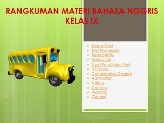 RANGKUMAN MATERI BAHASA NGGRIS
KELAS IX















Kind of Text
Text Procedure
Repeatedly
Hesination
Short Functional Text
If Clause
Comperative Degree
Admiration
Notice
Coution
Warning
Gerund

 