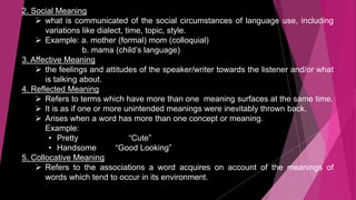 2. Social Meaning
 what is communicated of the social circumstances of language use, including
variations like dialect, time, topic, style.
 Example: a. mother (formal) mom (colloquial)
b. mama (child’s language)
3. Affective Meaning
 the feelings and attitudes of the speaker/writer towards the listener and/or what
is talking about.
4. Reflected Meaning
 Refers to terms which have more than one meaning surfaces at the same time.
 It is as if one or more unintended meanings were inevitably thrown back.
 Arises when a word has more than one concept or meaning.
Example:
• Pretty “Cute”
• Handsome “Good Looking”
5. Collocative Meaning
 Refers to the associations a word acquires on account of the meanings of
words which tend to occur in its environment.
 