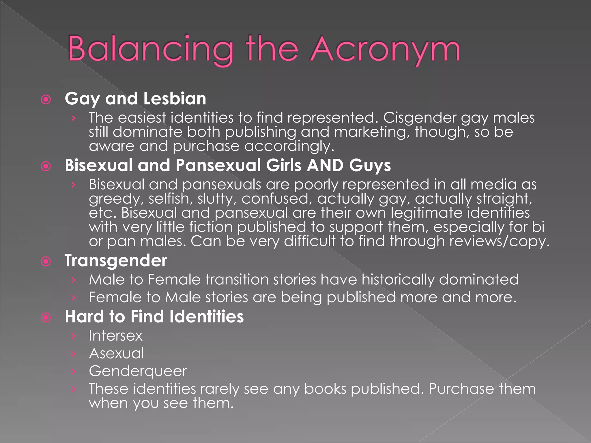  Gay and Lesbian 
› The easiest identities to find represented. Cisgender gay males 
still dominate both publishing and marketing, though, so be 
aware and purchase accordingly. 
 Bisexual and Pansexual Girls AND Guys 
› Bisexual and pansexuals are poorly represented in all media as 
greedy, selfish, slutty, confused, actually gay, actually straight, 
etc. Bisexual and pansexual are their own legitimate identities 
with very little fiction published to support them, especially for bi 
or pan males. Can be very difficult to find through reviews/copy. 
 Transgender 
› Male to Female transition stories have historically dominated 
› Female to Male stories are being published more and more. 
 Hard to Find Identities 
› Intersex 
› Asexual 
› Genderqueer 
› These identities rarely see any books published. Purchase them 
when you see them. 
 