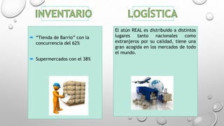  “Tienda de Barrio” con la
concurrencia del 62%
 Supermercados con el 38%
El atún REAL es distribuido a distintos
lugares tanto nacionales como
extranjeros por su calidad, tiene una
gran acogida en los mercados de todo
el mundo.
 