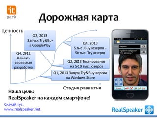 Дорожная карта
Скачай тут:
www.realspeaker.net
Наша цель:
RealSpeaker на каждом смартфоне!
Ценность
Стадия развития
Q4, 2012
Клиент-
серверная
разработка
Q2, 2013
Запуск Try&Buy
в GooglePlay
Q1, 2013 Запуск Try&Buy версии
на Windows Store
Q2, 2013 Тестирование
на 5-10 тыс. юзеров
Q4, 2013
5 тыс. Buy юзеров –
50 тыс. Try юзеров
 