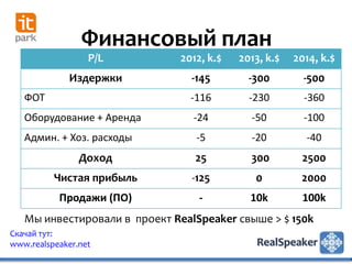 Финансовый план
                  P/L          2012, k.$   2013, k.$   2014, k.$
             Издержки            -145        -300        -500
   ФОТ                           -116        -230        -360
   Оборудование + Аренда         -24         -50         -100
   Админ. + Хоз. расходы          -5         -20         -40
                Доход             25         300        2500
          Чистая прибыль         -125         0         2000
           Продажи (ПО)            -         10k        100k
   Мы инвестировали в проект RealSpeaker свыше > $ 150k
Скачай тут:
www.realspeaker.net
 