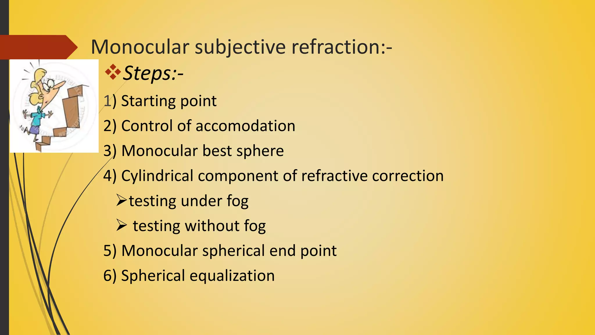Monocular subjective refraction:-
Steps:-
1) Starting point
2) Control of accomodation
3) Monocular best sphere
4) Cylindrical component of refractive correction
testing under fog
 testing without fog
5) Monocular spherical end point
6) Spherical equalization
 