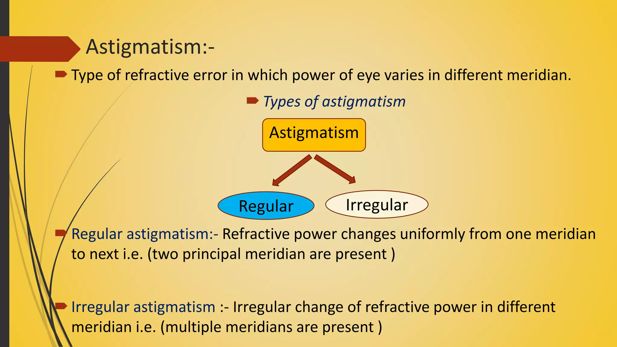 Astigmatism:-
Type of refractive error in which power of eye varies in different meridian.
Types of astigmatism
Regular astigmatism:- Refractive power changes uniformly from one meridian
to next i.e. (two principal meridian are present )
Irregular astigmatism :- Irregular change of refractive power in different
meridian i.e. (multiple meridians are present )
Astigmatism
Regular Irregular
 