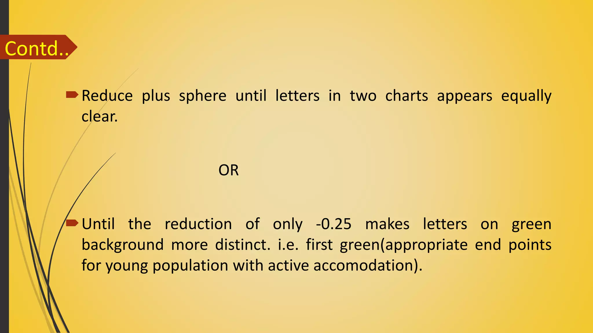 Contd..
Reduce plus sphere until letters in two charts appears equally
clear.
OR
Until the reduction of only -0.25 makes letters on green
background more distinct. i.e. first green(appropriate end points
for young population with active accomodation).
 