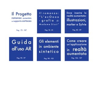 Il Progetto              Il romanzo:             Dove     inserire
                                                 realtà aumentata:
                                                                       la

romanzo      aumentato
                         “L’ecOooo
su supporto cartaceo     - grafia           di   illustrazioni,
                         Madame Sissì”           marker e Sylvie
    Pag. 72 - 107            Pag. 74 - 81               Pag. 82 - 89




Guida                    Gli elementi            Come creare
                                                 un’applicazione
                         in ambiente
all’uso AR                                       in     realtà
                         sintetico
                                                 aumentata
     Pag. 90 - 97           Pag. 98 - 103             Pag. 104 - 107

                                                           - 61
 