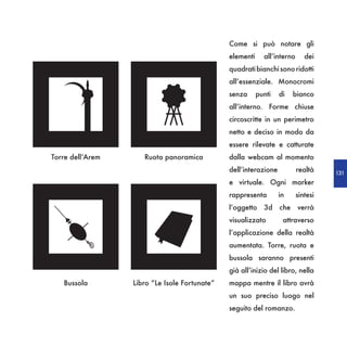 Come si può notare gli
                                               elementi     all’interno      dei
                                               quadrati bianchi sono ridotti
                                               all’essenziale. Monocromi
                                               senza      punti   di   bianco
                                               all’interno. Forme chiuse
                                               circoscritte in un perimetro
                                               netto e deciso in modo da
                                               essere rilevate e catturate
Torre dell’Arem      Ruota panoramica          dalla webcam al momento
                                               dell’interazione           realtà    131
                                               e virtuale. Ogni marker
                                               rappresenta        in      sintesi
                                               l’oggetto 3d che verrà
                                               visualizzato        attraverso
                                               l’applicazione della realtà
                                               aumentata. Torre, ruota e
                                               bussola saranno presenti
                                               già all’inizio del libro, nella
   Bussola        Libro “Le Isole Fortunate”   mappa mentre il libro avrà
                                               un suo preciso luogo nel
                                               seguito del romanzo.
 