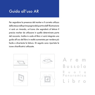Guida all’uso AR

Per segnalare la presenza del marker e il corretto utilizzo
dello stesso nella prima pagina del quartino dell’illustrazione
vi sarà un rimando, un’icona che segnalerà al lettore il
preciso marker da utilizzare in quella determinata parte
del racconto. Inoltre in coda al libro vi sarà integrata una
guida all’uso del libro in realtà aumentata per rendere più
facile e divertente la lettura. Di seguito sono riportate le
icone chiarificatrici utilizzate.




                                                                  A r e m
                                                                  Bussola
                                                                  R u o t a
                                                                  Panoramica
                                                                  L i b r o
 