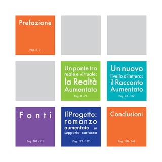 Prefazione


    Pag. 5 - 7




                   Un ponte tra         Un nuovo
                   reale e virtuale:    livello di lettura:
                   la Realtà            il Racconto
                   Aumentata            Aumentato
                        Pag. 8 - 71         Pag. 72 - 107




Fonti              Il Progetto:         Conclusioni
                   romanzo
                   aumentato      su
                   supporto cartaceo

  Pag. 108 - 111       Pag. 112 - 159       Pag. 160 - 161
 