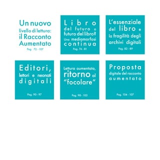 Un nuovo              L i b r o             L’essenziale
livello di lettura:   del futuro o          del    libro           e
                      futuro del libro?
il Racconto           Una   mediamorfosi
                                            la fragilità degli

Aumentato             continua              archivi digitali
    Pag. 72 - 107            Pag. 74 - 81          Pag. 82 - 89




Editori,              Lettura aumentata,    Proposta
lettori e neonati     ritorno al            digitale del racconto
                                            aumentato
digitali              “focolare”
    Pag. 90 - 97            Pag. 98 - 103         Pag. 104 - 107

                                                       - 61
 