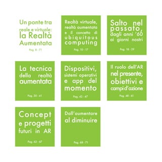 Un ponte tra         Realtà virtuale,             Salto nel
reale e virtuale:
                     realtà aumentata             passato,
la Realtà
                     e   il     concetto     di
                                                  dagli anni ’60
                     ubiquitous                   ai giorni nostri
Aumentata            co m pu t i n g
     Pag. 8 - 71              Pag. 10 - 17            Pag. 18 - 29




La tecnica           Dispositivi,                 Il ruolo dell’AR
della       realtà   sistemi operativi            nel presente,
aumentata            e app del                    obiettivi e
                     momento                      campi d’azione
    Pag. 30 - 41              Pag. 42 - 47            Pag. 48 - 61




Concept              Dall’aumentare
                     al diminuire
e progetti
futuri in AR
    Pag. 62 - 67              Pag. 68 - 71
 