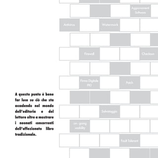 Aggiornamenti
                                                                                   Software



                            Antivirus                    Watermark




                                           Firewall                                     Checksun




                                        Firma Digitale
                                                                           Patch
                                             PKI

A questo punto è bene
far luce su ciò che sta
accadendo nel mondo
dell’editoria   e    del                                 Salvataggio
lettore oltre a mostrare
i neonati concorrenti              on - going
dell’affezionato    libro           usability

tradizionale.
                                                                       Fault Tolerant
 