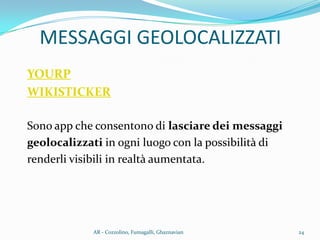 MESSAGGI GEOLOCALIZZATI
YOURP
WIKISTICKER
Sono app che consentono di lasciare dei messaggi
geolocalizzati in ogni luogo con la possibilità di
renderli visibili in realtà aumentata.
24AR - Cozzolino, Fumagalli, Ghaznavian
 