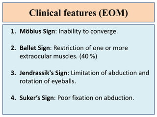 Clinical features (EOM)
1. Möbius Sign: Inability to converge.
2. Ballet Sign: Restriction of one or more
extraocular muscles. (40 %)
3. Jendrassik's Sign: Limitation of abduction and
rotation of eyeballs.
4. Suker’s Sign: Poor fixation on abduction.
 