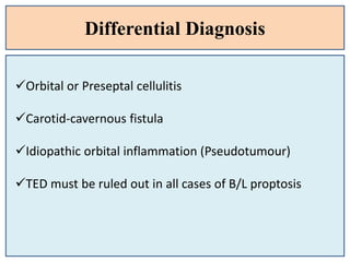 Differential Diagnosis
Orbital or Preseptal cellulitis
Carotid-cavernous fistula
Idiopathic orbital inflammation (Pseudotumour)
TED must be ruled out in all cases of B/L proptosis
 