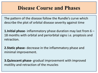 Disease Course and Phases
The pattern of the disease follow the Rundle’s curve which
describe the plot of orbital disease severity against time
1.Initial phase- inflammatory phase duration may last from 6 –
18 months with orbital and periorbital signs i.e. proptosis and
retraction.
2.Static phase- decrease in the inflammatory phase and
minimal improvement.
3.Quiescent phase- gradual improvement with improved
motility and retraction of the muscles
 