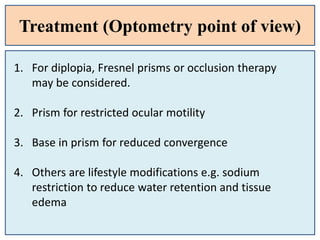 Treatment (Optometry point of view)
1. For diplopia, Fresnel prisms or occlusion therapy
may be considered.
2. Prism for restricted ocular motility
3. Base in prism for reduced convergence
4. Others are lifestyle modifications e.g. sodium
restriction to reduce water retention and tissue
edema
 