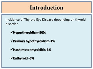 Introduction
Incidence of Thyroid Eye Disease depending on thyroid
disorder
Hyperthyroidism-90%
Primary hypothyroidism-1%
Hashimoto thyroiditis-3%
Euthyroid -6%
 