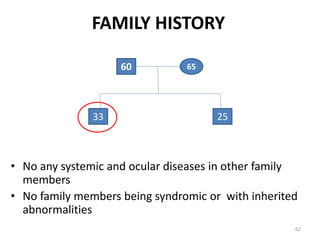FAMILY HISTORY
• No any systemic and ocular diseases in other family
members
• No family members being syndromic or with inherited
abnormalities
60 65
33 25
62
 
