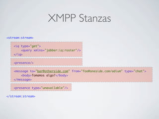XMPP Stanzas
<stream:stream>
<iq type="get">
<query xmlns="jabber:iq:roster"/>
</iq>
<presence/>
<message to="bar@otherside.com" from="foo@oneside.com/adium" type="chat">
<body>Tomamos algo?</body>
</message>
<presence type="unavailable"/>
</stream:stream>
 