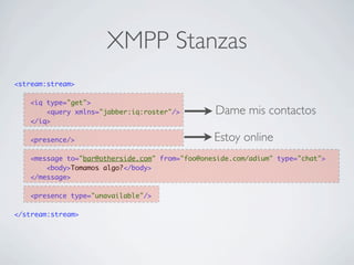 XMPP Stanzas
<stream:stream>
<iq type="get">
<query xmlns="jabber:iq:roster"/>
</iq>
<presence/>
<message to="bar@otherside.com" from="foo@oneside.com/adium" type="chat">
<body>Tomamos algo?</body>
</message>
<presence type="unavailable"/>
</stream:stream>
Dame mis contactos
Estoy online
 